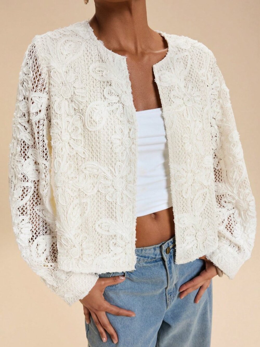 Apricot Casual Women's Floral Textured Long Sleeve Open Front Jacket - Picture 5 of 8